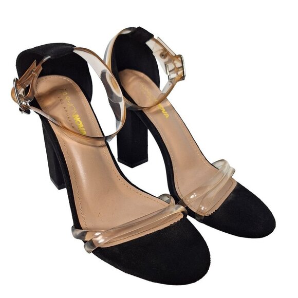 Fashion Nova Laura Black Chunky Heels Clear Strap Size 7.5M - Picture 1 of 9